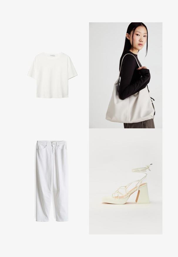 Witte korte mouwen t-shirt van katoen. Heeft een ronde halslijn en een ontspannen pasvorm. Glad textuur zonder zichtbare patronen of accenten.; Witte spijkerbroek met een relaxte pasvorm, voorzien van een klassiek vijf-pocket ontwerp, voor knoopsluiting en rechte pijpen.; Witte hoge hakken sandaal met een chunky hak, met een bandjesontwerp en enkelband. Gladde textuur met een plateau voor extra hoogte.; Beige handtas gemaakt van zacht materiaal, met een slonzig ontwerp, gestikte details en twee schouderbanden. Geschikt voor dagelijks gebruik.