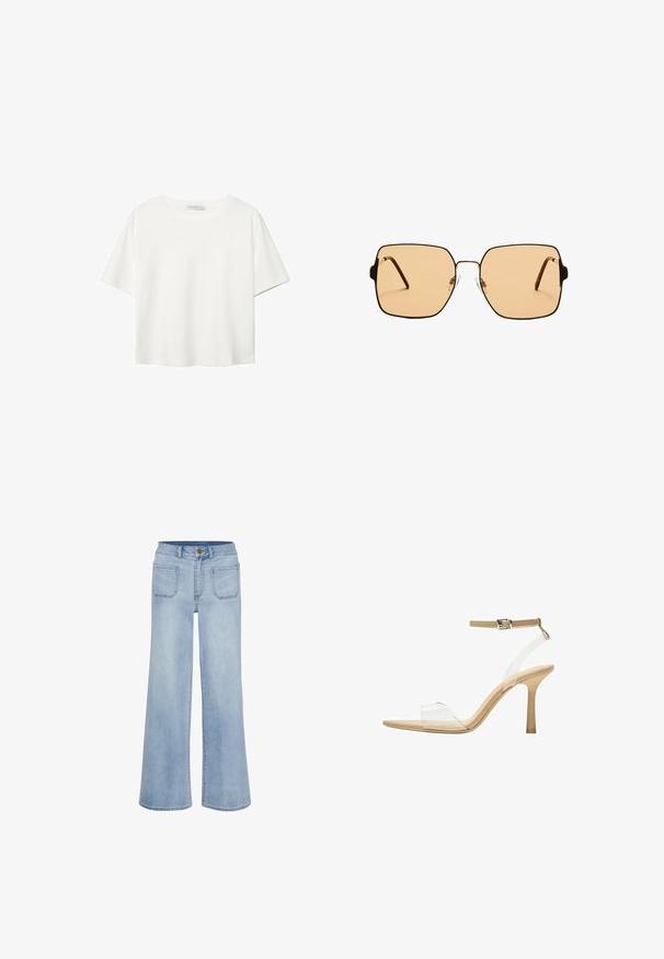 Valkoinen lyhythihainen T-paita, joka on tehty puuvillasta. Siinä on pyöreä kaula-aukko ja rento malli. Silkkinen pinta ilman näkyviä kuvioita tai koristeita.; Vaaleansiniset leveät farkut, jotka on valmistettu denimistä, ja joissa on korkea vyötärö, viisi taskua ja siisti viimeistely lahkeissa.; Kirkas korkokenkä läpinäkyvällä varrella, beigellä pohjalla ja hoikalla nilkkahihnalla. Ominaisuuksiin kuuluu terävä kärki ja ohut korkea korko.; Neliömäiset aurinkolasit ruskeilla linsseillä ja ohuella mustalla metallikehyksellä. Varusteena on kulmikkaat tempulit ja säädettävät nenätyynyt mukavuutta varten.