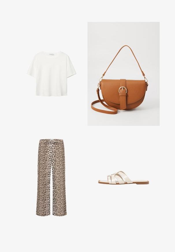 Witte korte mouwen t-shirt van katoen. Heeft een ronde halslijn en een ontspannen pasvorm. Glad textuur zonder zichtbare patronen of accenten.; Luipaardprint broek van lichtgewicht stof, met een wijduitlopende pasvorm en een drawstring tailleband. De dominante kleuren zijn beige, bruin en zwart.; Vlakke sandalen met een tan rubberen zool, ontworpen met drie overlappende witte leren banden en een kleine strikdetail in het midden.; Bruine leren schoudertas met een gebogen vorm, gouden hardware en een gespaccent. Bevat een afneembare schouderriem.