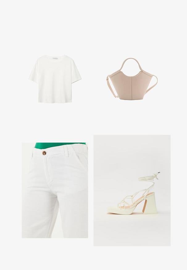 Biała koszulka z krótkim rękawem, wykonana z bawełny. Posiada okrągły dekolt i luźny krój. Gładka faktura bez widocznych wzorów czy akcentów.; LELA - Spodnie materiałowe; Biała sandał na wysokim obcasie z masywnym słupkiem, z paskowym wzorem i wiązaniem przy kostce. Gładka faktura z platformą z przodu dla dodatkowej wysokości.; Beżowa skórzana torebka o unikalnym kształcie, z dwoma krótkimi uchwytami i długim, regulowanym paskiem. Gładka tekstura z minimalną ilością elementów metalowych.