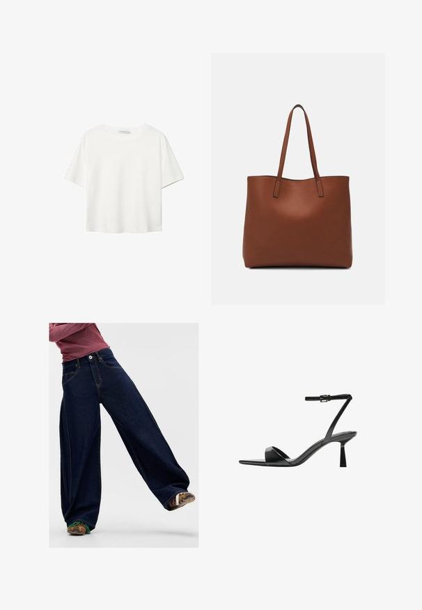 Bijela majica kratkih rukava od pamuka. Ima okrugli izrez i opušteni kroj. Glatka tekstura bez vidljivih uzoraka ili naglasaka.; Tamno plavi široki traperice od denima, s kontrastnim šavovima, prednjim džepom i pojasom na dugme. Vidljiva teksturirana tkanina.; Bershka Sandale s visokom petom - black; Smeđa kožna torba preko ramena s glatkom teksturom, otvorenim vrhom i dvjema naramenicama. Ima minimalne šavove i nema vidljivog hardvera.