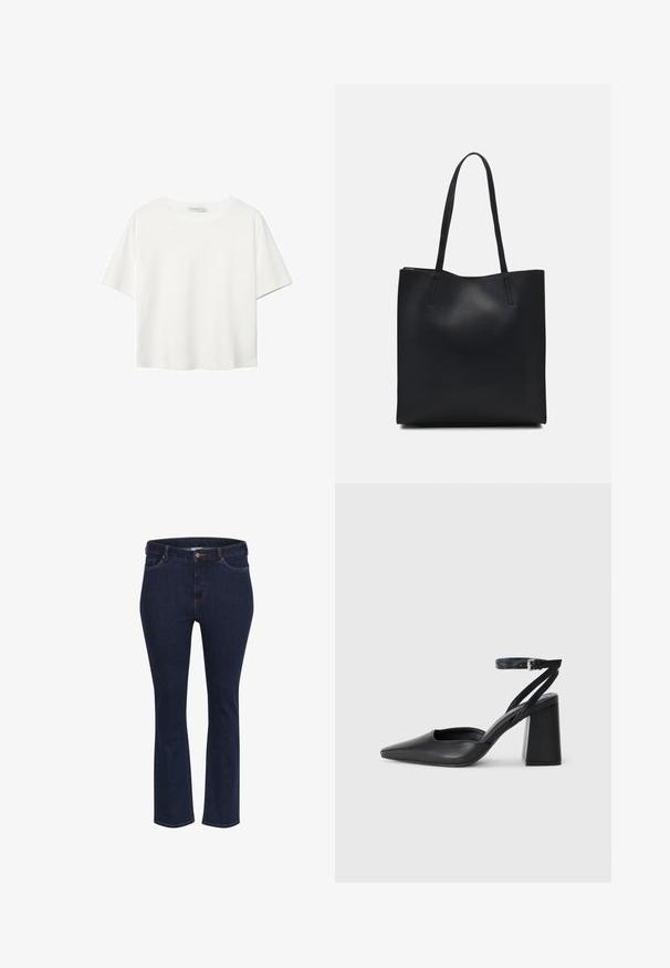 Biela krátkopsová tričko vyrobené z bavlny. Má okrúhly výstrih a voľný strih. Hladká textúra bez viditeľných vzorov alebo akcentov.; Modré denimové džínsy so strihom rovného nohavice, s piatimi vreckami, kontrastným šitím a kovovým gombíkom na zapínanie v oblasti pásu.; Čierne kožené lodičky s špicatou špičkou a členkovým remienkom, s masívnym podpätkom. Hladký povrch, elegantný dizajn a minimalistická estetika.; Čierna kožená taška na rameno s hladkým povrchom, obdĺžnikovým tvarom a dvoma dlhými uchami. Bez viditeľného kovania alebo ozdôb.
