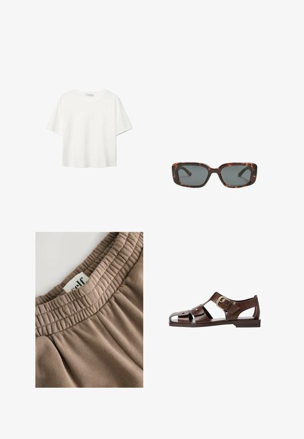 Hvid kortærmet t-shirt lavet af bomuld. Har en rund halsudskæring og en afslappet pasform. Glat tekstur uden synlige mønstre eller detaljer.; Brun elastisk taljebånd med samlet tekstur, vedhæftet label med teksten "self" og blødt stof, der har en glat overflade og neutral tone.; Brun lædersandal med udskæringsdesign, justerbar sidebuckle og flad sål, med metalaccentuer og åben tå.; Skildpaddedesolbriller med rektangulære linser, tykke stel og mørkt tonede linser. Glat tekstur og minimalistisk design.