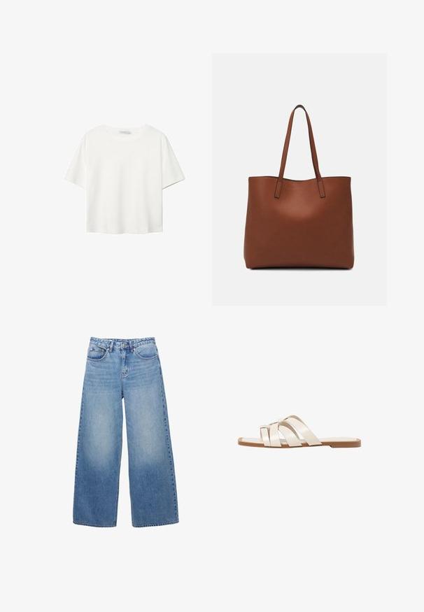 Bílý krátký rukáv tričko vyrobené z bavlny. Má kulatý výstřih a volný střih. Hladký materiál bez viditelných vzorů nebo akcentů.; Svetle modré, široké džínsy vyrobené z denimu. Majú zapínanie na gombík a zips, pútka na opasok a predné a zadné vrecká.; Ploché sandály s hnědou gumovou podrážkou, navržené se třemi překrývajícími se bílými koženými řemínky a malým mašlí uprostřed.; Hnědá kožená taška přes rameno s hladkou texturou, otevřeným designem a dvěma ramenními popruhy. Obsahuje minimální švy a žádné viditelné kovové prvky.