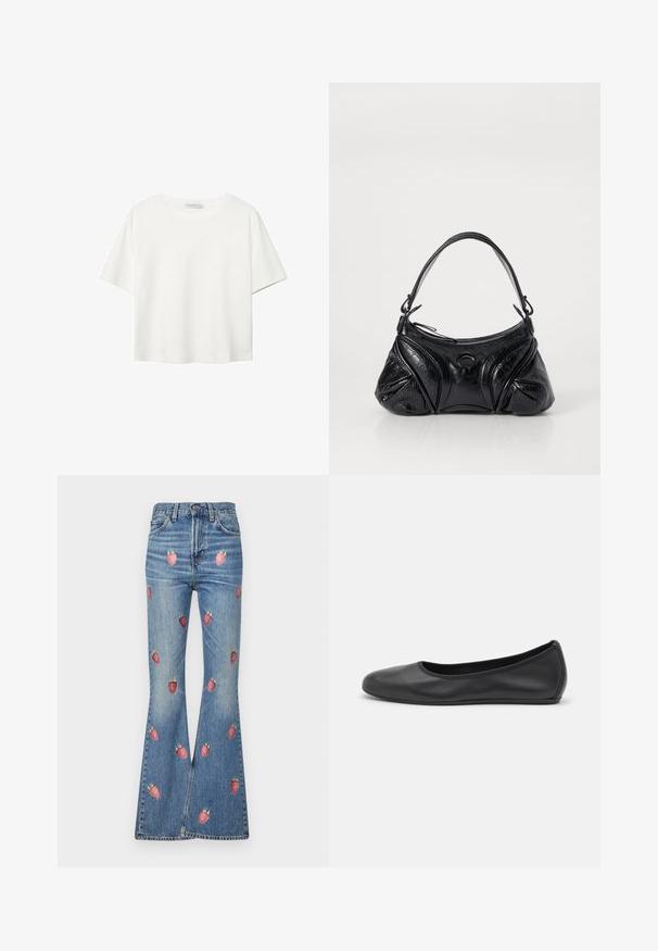 Hvid kortærmet t-shirt lavet af bomuld. Har en rund halsudskæring og en afslappet pasform. Glat tekstur uden synlige mønstre eller detaljer.; Lysblå flared denim jeans med rød jordbærbroderi over det hele. Højtaljet med traditionelt fem-lommers design.; Sort læderballetsko med rund tå, glat tekstur, minimal syning og et fleksibelt såldesign.; Sort håndtaske lavet af tekstureret læder med en rund form. Har en tynd skulderrem og dekorative præget mønstre.