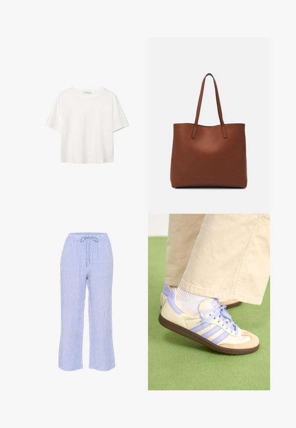 Bílý krátký rukáv tričko vyrobené z bavlny. Má kulatý výstřih a volný střih. Hladký materiál bez viditelných vzorů nebo akcentů.; Modré a bílé pruhované kalhoty vyrobené z lehkého materiálu, s elastickým pasem a šňůrkou, rovného střihu.; Krémové a levandulové tenisky se třemi pruhy a texturovanou hnědou podrážkou, vybavené tkaničkami a polstrovanou patou. Měkký textilní svršek.; Hnědá kožená taška přes rameno s hladkou texturou, otevřeným designem a dvěma ramenními popruhy. Obsahuje minimální švy a žádné viditelné kovové prvky.