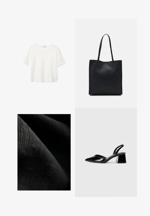 Bijela majica kratkih rukava od pamuka. Ima okrugli izrez i opušteni kroj. Glatka tekstura bez vidljivih uzoraka ili naglasaka.; Teksturirana crna tkanina s suptilnim rebrastim uzorkom, blago reflektirajuća, koja se oblikuje u nabore koji naglašavaju njezinu dubinu i taktilnu kvalitetu.; Crne lakirane kožne sandale s otvorenom petom i špicastim vrhom, s geometrijskom blok petom. Imaju elegantan, minimalistički dizajn i glatku teksturu.; Crna kožna torba za nošenje s glatkom teksturom, pravokutnim oblikom i dvije duge ručke. Nema vidljivih metalnih dijelova ili ukrasa.