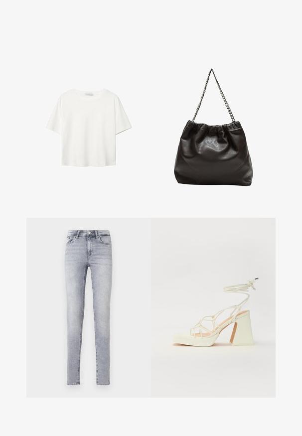 Bela kratka majica s kratkimi rokavi iz bombaža. Ima okroglo izrezovanje in sproščen kroj. Gladka tekstura brez vidnih vzorcev ali poudarkov.; Svetlo sivi skinny traperice od denima, s visokim strukom, petljama za pojas i klasičnim dizajnom s pet džepova, s blagim izbledjenjem.; Bela sandala na visokih petah s debelim petam, ki ima obliko trakcev in vezanje okoli gležnja. Gladka tekstura z platformo spredaj za dodatno višino.; Rjava usnjena torba z nabranim vrhom in verižnim trakom. Gladka tekstura z sijajno površino in subtilnimi šivi na straneh.
