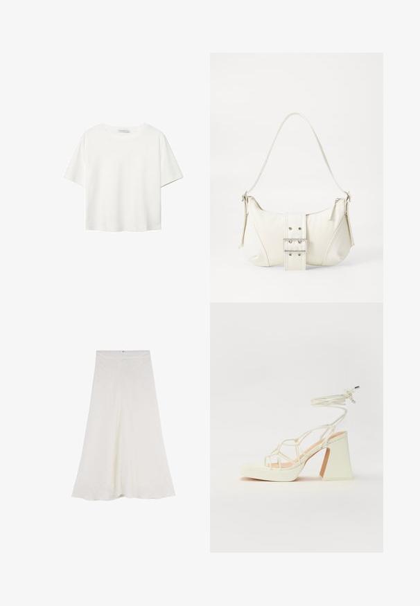 T-shirt blanc à manches courtes en coton. Doté d'un col ras du cou et d'une coupe décontractée. Texture lisse sans motifs ni accents visibles.; Une jupe blanche mi-longue en tissu texturé, avec un design évasé et une fermeture éclair cachée à l'arrière.; Sandale blanche à talons hauts avec un talon épais, présentant un design à lanières et un lien autour de la cheville. Texture lisse avec une plateforme à l'avant pour une hauteur supplémentaire.; Sac à épaule blanc avec une finition texturée, une accentuation par une boucle centrale et une forme courbée. Fermetures éclair des deux côtés.