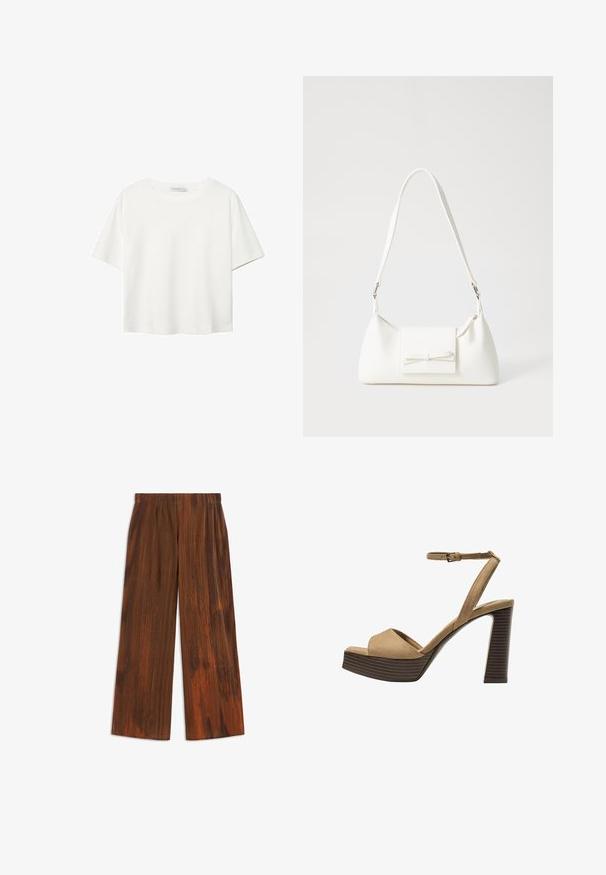 T-shirt bianco a maniche corte realizzato in cotone. Presenta un collo tondo e una vestibilità rilassata. Texture liscia senza motivi o dettagli visibili.; Pantaloni larghi marroni con una texture plissettata, caratterizzati da righe verticali e una finitura morbida. Vita elastica per il massimo comfort.; Sandali con tacco alto in suede beige, con una larga fascetta anteriore e una fascetta alla caviglia, dotati di un tacco blocco in legno spesso con una finitura testurizzata.; Borsa sintetica bianca a forma triangolare, con patta anteriore piatta e dettaglio a fiocco, tracolla regolabile, texture liscia e design minimalista.
