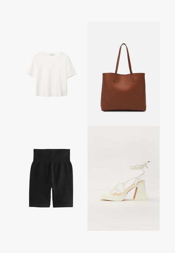 T-shirt blanc à manches courtes en coton. Doté d'un col ras du cou et d'une coupe décontractée. Texture lisse sans motifs ni accents visibles.; Shorts noirs côtelés avec une large ceinture élastique, une texture lisse et une coupe ajustée. Le matériau est extensible pour faciliter les mouvements.; Sandale blanche à talons hauts avec un talon épais, présentant un design à lanières et un lien autour de la cheville. Texture lisse avec une plateforme à l'avant pour une hauteur supplémentaire.; Sac fourre-tout en cuir marron avec une texture lisse, design à ouverture supérieure et deux poignées pour le porter à l'épaule. Présente des coutures minimales et aucun matériel visible.