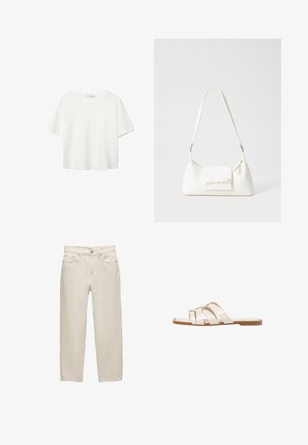 Biała koszulka z krótkim rękawem, wykonana z bawełny. Posiada okrągły dekolt i luźny krój. Gładka faktura bez widocznych wzorów czy akcentów.; Białe dżinsy o luźnym kroju, z prostymi nogawkami, pięcioma kieszeniami oraz metalowymi dodatkami z delikatną teksturą.; Płaskie sandały z brązową gumową podeszwą, zaprojektowane z trzema nakładającymi się na siebie białymi skórzanymi paskami i małym detalem w postaci kokardy na środku.; Biała syntetyczna torba o trójkątnym kształcie, płaskim przednim klapce i detalach w postaci kokardy, regulowanym pasku, gładkiej fakturze oraz minimalistycznym designie.