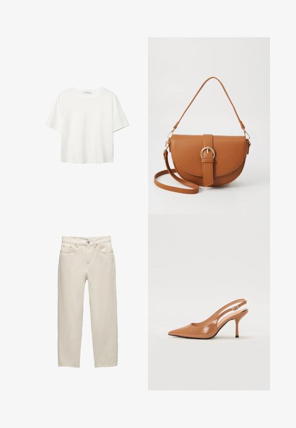 Biela krátkopsová tričko vyrobené z bavlny. Má okrúhly výstrih a voľný strih. Hladká textúra bez viditeľných vzorov alebo akcentov.; Biele riffelované džínsy s voľným strihom, rovný strih nohavíc, dizajn s piatimi vreckami a kovovými doplnkami s jemnou textúrou.; Sandal s úzkym podpätkom a špicatou špičkou v hladkej lesklej hnedej materiáli. Obsahuje zakrivený výrez a štíhly ihlový podpätok. Strieborný prackový detail.; Hnedá kožená kabelka cez telo s zakriveným tvarom, zlatými kovovými doplnkami a akcentom s prackou. Obsahuje odnímateľný ramenný popruh.