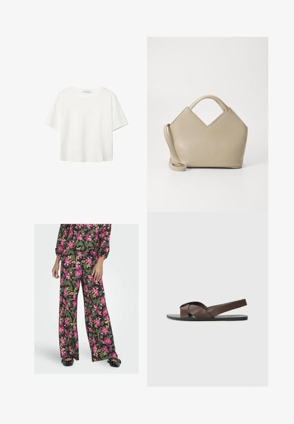 Valkoinen lyhythihainen T-paita, joka on tehty puuvillasta. Siinä on pyöreä kaula-aukko ja rento malli. Silkkinen pinta ilman näkyviä kuvioita tai koristeita.; Kukallinen kahden osan asu tummanvihreänä, jossa on vaaleanpunaisia ja keltaisia kukkia. Leveälahkeiset housut ja pitkähihaine paita, jossa on joustava vyötärö, kevyt kangas.; Ruskean nahkasandaalit, joissa on ristikkäiset hihnat, litteä musta pohja ja säädettävä takaosa. Pinta on sileä ja varusteet minimissä.; Beige laukku, jossa on V-muotoinen yläosa, sileää nahkaa, lyhyet kahvat ja pitkä säädettävä hihna. Minimalistinen muotoilu.