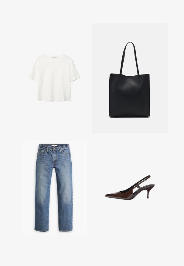 Bijela majica kratkih rukava od pamuka. Ima okrugli izrez i opušteni kroj. Glatka tekstura bez vidljivih uzoraka ili naglasaka.; Svijetloplave traperice, ravne nogavice, srednji struk, pet džepova, tonirana šavova i gumbasti zatvarač.; Smeđe lakirane kožne sandale s otvorenom petom, špicastim nosom i tankim potpeticama. Imaju podesiv remen s kopčanjem.; Crna kožna torba za nošenje s glatkom teksturom, pravokutnim oblikom i dvije duge ručke. Nema vidljivih metalnih dijelova ili ukrasa.