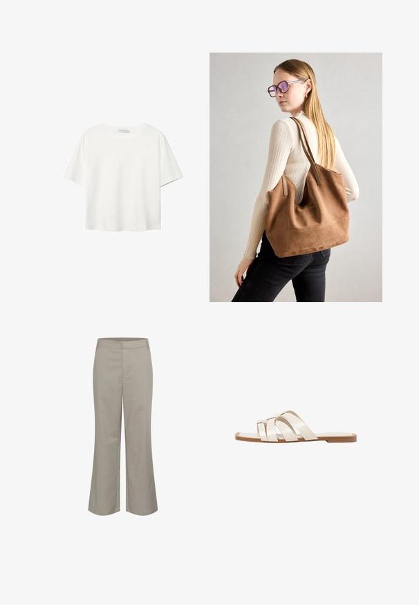 Biela krátkopsová tričko vyrobené z bavlny. Má okrúhly výstrih a voľný strih. Hladká textúra bez viditeľných vzorov alebo akcentov.; Krémové cropped nohavice so strihom rovného nohu, vyrobené z hladkej látky. Majú prednú vrecko a čisté zakončenie pásu.; Ploché sandále s hnedou gumovou podrážkou, navrhnuté s tromi prekrývajúcimi sa bielymi koženými popruhmi a malou mašličkou uprostred.; Hnedá semišová taška na rameno s mäkkou textúrou, veľkým otvorom a dlhými popruhmi. Má jednoduchý dizajn s viditeľným šitím a bez kovových prvkov.; Strieborná metalická kožená bunda s ovčím golierom, ktorá má zips a štruktúrovaný povrch. Veľké slzovité náušnice s priehľadnými drahokamami.