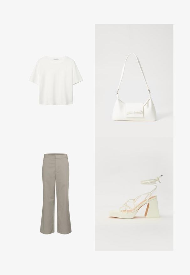 Hvid kortærmet t-shirt lavet af bomuld. Har en rund halsudskæring og en afslappet pasform. Glat tekstur uden synlige mønstre eller detaljer.; Beige beskåret bukser med lige ben design, lavet af et glat stof. Har en frontlomme og en ren taljeafslutning.; Hvide højhælede sandaler med en kraftig hæl, der har et stropdesign og ankelbinding. Glat tekstur med en platform foran for ekstra højde.; Hvid syntetisk håndtaske med en trekantet form, flad forsideklap og sløjfedetalje, justerbar strop, glat tekstur og minimalistisk design.