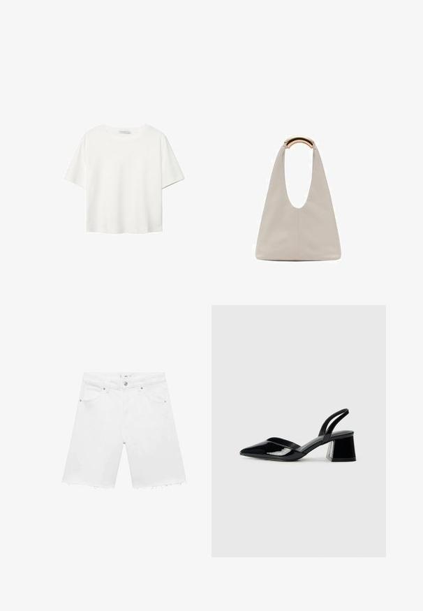 Biała koszulka z krótkim rękawem, wykonana z bawełny. Posiada okrągły dekolt i luźny krój. Gładka faktura bez widocznych wzorów czy akcentów.; Białe dżinsowe szorty z postrzępionym dołem, pięcioma kieszeniami, zapięciem na guzik oraz subtelnym przeszyciem z tyłu. Standardowy krój i lekka tkanina.; Czarne lakierowane półbuty na obcasie z wydłużonym noskiem i geometrycznym słupkiem. Charakteryzują się eleganckim, minimalistycznym designem oraz gładką fakturą.; Jasnoszara skórzana torba o kształcie litery U z zakrzywionym metalowym uchwytem. Gładka tekstura z minimalnymi szwami i bez widocznych wzorów.