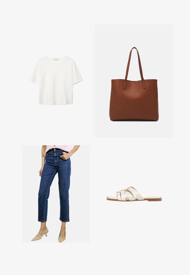 Bela kratka majica s kratkimi rokavi iz bombaža. Ima okroglo izrezovanje in sproščen kroj. Gladka tekstura brez vidnih vzorcev ali poudarkov.; Temno modri džins hlače s ravnim krojem, visokim pasom in krajšo dolžino, ki imajo zanke za pas in vidne šive.; Ravne sandale s svetlo rjavim gumijastim podplatom, zasnovane s tremi prekrivajočimi se belimi usnjenimi trakovi in majhnim lokom na sredini.; Rjava usnjena torba z gladko teksturo, odprto zasnovo zgoraj in dvema naramnima trakovoma. Opremljena je z minimalnim šivanjem in brez vidnih kovinskih delov.