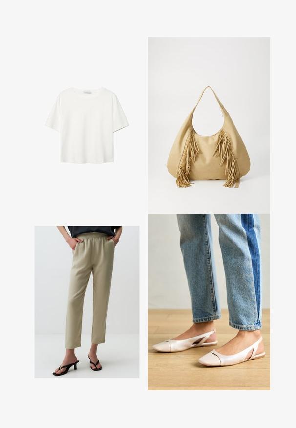 Weißes T-Shirt mit kurzen Ärmeln aus Baumwolle. Hat einen Rundhalsausschnitt und eine lockere Passform. Glatte Textur ohne sichtbare Muster oder Akzente.; Hellbeige, hochtaillierte Hose mit einem elastischen Bund, geraden Beinen und glatter Textur. Kombiniert mit schwarzen, Absatzsandalen.; Blassrosa Slingback-Ballerinas mit spitzem Punkt, aus einem glatten, lederähnlichen Material. Mit Ausschnitten an den Seiten und einem flachen Absatz.; Hellbraune Wildleder-Umhängetasche mit großem Öffnungsbereich und langen Fransenakzenten an beiden Seiten, verfügt über eine glatte Textur und einen einzelnen Tragegriff.