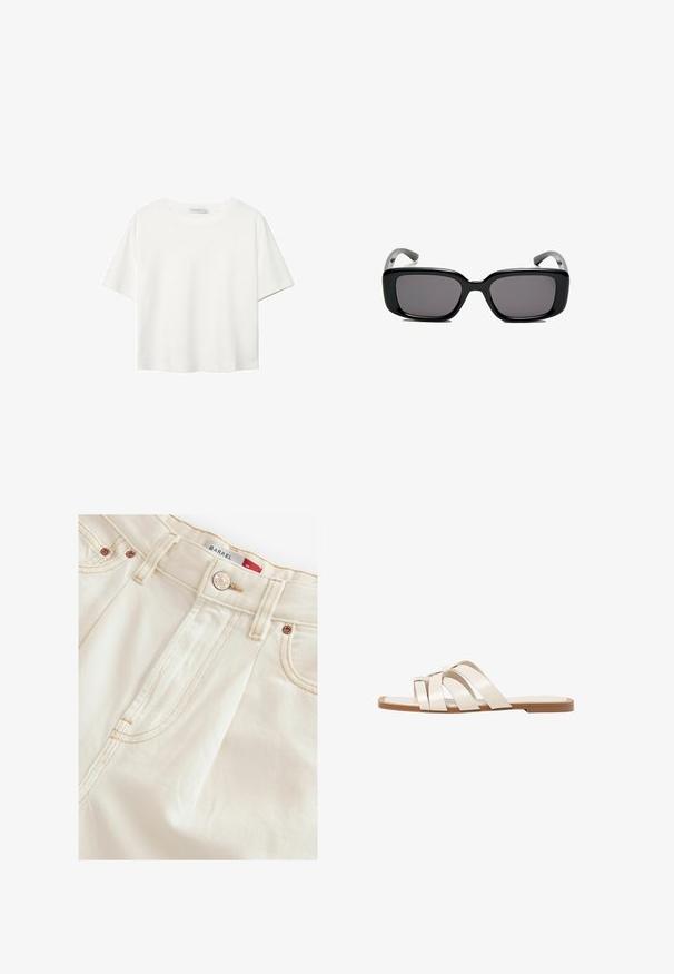 T-shirt blanc à manches courtes en coton. Doté d'un col ras du cou et d'une coupe décontractée. Texture lisse sans motifs ni accents visibles.; Jeans en denim couleur crème avec une coupe droite, dotés de quincaillerie en cuivre, de surpiqûres ton sur ton et de coutures latérales visibles pour la structure.; Sandales plates avec une semelle en caoutchouc beige, conçues avec trois brides en cuir blanc se chevauchant et un petit nœud au centre.; Lunettes de soleil noires rectangulaires avec des verres foncés, monture en plastique lisse et branches courbées. Le design est épais avec une esthétique minimaliste.; Sac à main en cuir blanc au design structuré, avec une anse supérieure et un fermoir en ton doré. Texture lisse et accents minimalistes.