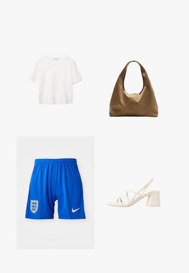 Biała koszulka z krótkim rękawem, wykonana z bawełny. Posiada okrągły dekolt i luźny krój. Gładka faktura bez widocznych wzorów czy akcentów.; Niebieskie szorty sportowe z teksturowanej tkaniny, elastyczny pas, logo Nike w kolorze białym oraz herb reprezentacji Anglii po lewej stronie.; Beżowe sandały na obcasie z cienkimi, krzyżującymi się paskami, otwartym palcem i kwadratowym klockiem. Gładkie wykończenie z lakierowanej skóry, regulowany pasek na kostkę.; Brązowa torba na ramię z szerokim, zaokrąglonym kształtem i dużym wyciętym uchwytem. Miękka tekstura, minimalistyczny design i brak widocznych elementów metalowych.