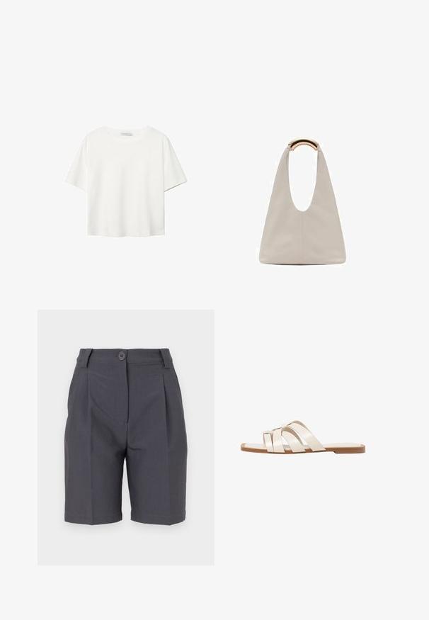 Bijela majica kratkih rukava od pamuka. Ima okrugli izrez i opušteni kroj. Glatka tekstura bez vidljivih uzoraka ili naglasaka.; Sive kratke hlače s pregibima, zatvaranjem na dugme i bočnim džepovima. Napravljene od glatkog, laganog materijala s čvrstim krojem.; Ravne sandale s smeškom od gume, dizajnirane s tri preklapajuće bele kožne trake i malim detaljem mašne u sredini.; Svijetlosivi kožni torba s oblikom u slovo U i zakrivljenim metalnim drškom. Glatka tekstura s minimalnim šavovima i bez vidljivih uzoraka.