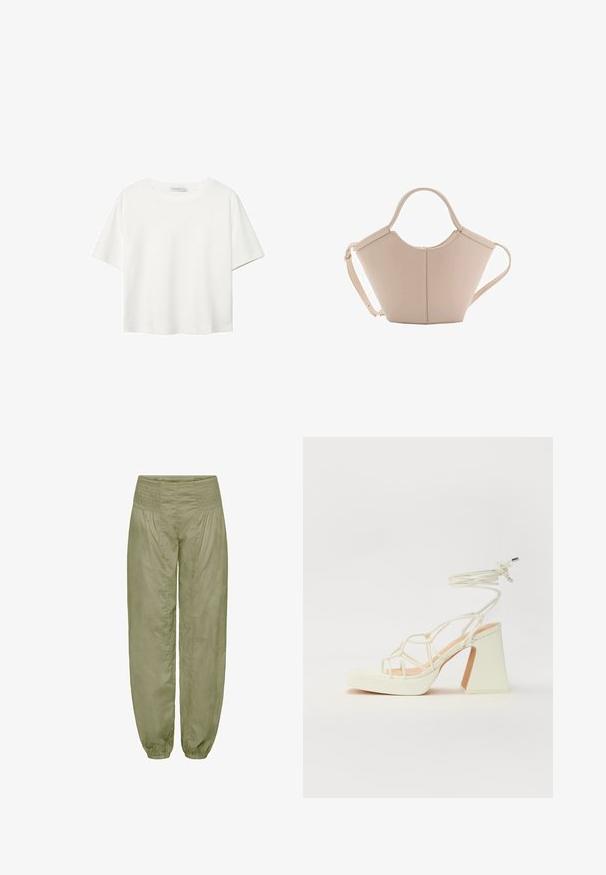 Weißes T-Shirt mit kurzen Ärmeln aus Baumwolle. Hat einen Rundhalsausschnitt und eine lockere Passform. Glatte Textur ohne sichtbare Muster oder Akzente.; Helles Olivgrün, weit geschnittene Hose mit einem smockierten Bund und elastischen Säumen; aus weichem, strukturiertem Stoff gefertigt.; Weiße High-Heel-Sandale mit einem klobigen Absatz, die über ein Riemchendesign und ein Knöchelband verfügt. Glatte Textur mit einer Plattform vorne für zusätzliche Höhe.; Beige Lederhandtasche mit einer einzigartigen Form, die zwei kurze Henkel und einen langen verstellbaren Riemen aufweist. Glatte Textur mit minimalen Hardware-Elementen.