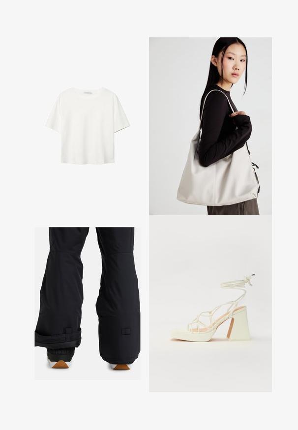 Hvid kortærmet t-shirt lavet af bomuld. Har en rund halsudskæring og en afslappet pasform. Glat tekstur uden synlige mønstre eller detaljer.; Sorte snebukser med polstret nederste sektion, justerbare manchetter og en slank, mat overflade; velegnet til vintersport.; Hvide højhælede sandaler med en kraftig hæl, der har et stropdesign og ankelbinding. Glat tekstur med en platform foran for ekstra højde.; Beige håndtaske lavet af blødt materiale med et slouchy design, stikninger og to skulderremme. Velegnet til daglig brug.