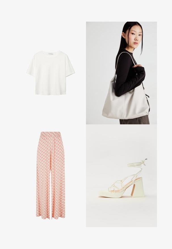 Hvid kortærmet t-shirt lavet af bomuld. Har en rund halsudskæring og en afslappet pasform. Glat tekstur uden synlige mønstre eller detaljer.; Lys pink stribede bukser med bred ben , der har et ternet mønster i skiftende nuancer, med en elastisk talje for komfortabel brug.; Hvide højhælede sandaler med en kraftig hæl, der har et stropdesign og ankelbinding. Glat tekstur med en platform foran for ekstra højde.; Beige håndtaske lavet af blødt materiale med et slouchy design, stikninger og to skulderremme. Velegnet til daglig brug.