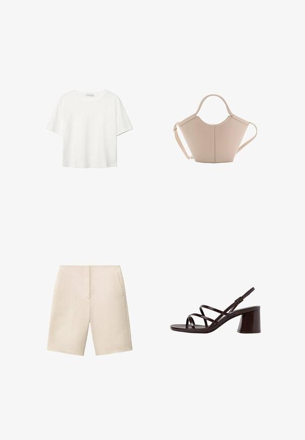 Bijela majica kratkih rukava od pamuka. Ima okrugli izrez i opušteni kroj. Glatka tekstura bez vidljivih uzoraka ili naglasaka.; Bež kvadratne lanene kratke hlače s ravnim prednjim dijelom, dva bočna džepa i krojem do koljena, s glatkom teksturom i krojenim dizajnom.; Smeđe sandale na visokoj potpetici s debelom potpeticom, s glatkim, sjajnim završetkom i višestrukim ukrštanjem trakica na gornjem dijelu.; Bež kožna torba jedinstvenog oblika, s dva kratka ručka i dugom podesivom trakom. Glatka tekstura s minimalnim metalnim dodacima.