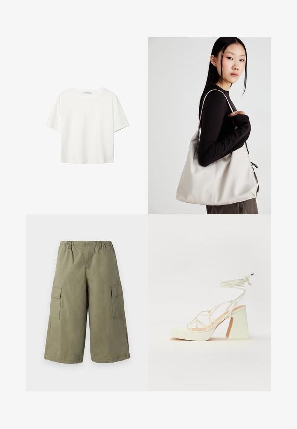 Bela kratka majica s kratkimi rokavi iz bombaža. Ima okroglo izrezovanje in sproščen kroj. Gladka tekstura brez vidnih vzorcev ali poudarkov.; Kargo kratke hlače v olivno zeleni bombažni tkanini, z elastičnim pasom, dvema stranskima žepoma in dvema nalepkama na stegnih.; Bela sandala na visokih petah s debelim petam, ki ima obliko trakcev in vezanje okoli gležnja. Gladka tekstura z platformo spredaj za dodatno višino.; Bežna torbica iz mehkega materiala, z ohlapno zasnovo, šivi in dvema naramnicama. Primerna za vsakodnevno uporabo.