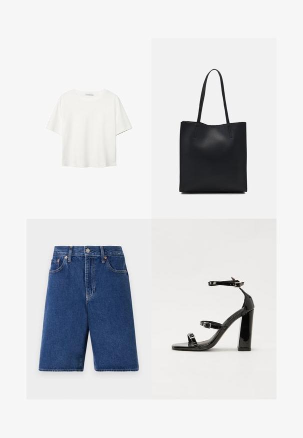 Bílý krátký rukáv tričko vyrobené z bavlny. Má kulatý výstřih a volný střih. Hladký materiál bez viditelných vzorů nebo akcentů.; Džínové šortky v tmavě modré barvě s klasickým střihem, pěti kapsami a oranžovým prošíváním. Dokončeny předním knoflíkem a zipem.; Černé lakované sandály na podpatku se čtveratou špičkou, lýtkovými pásky a stříbrnými přezkami. Disponují masivním blokovým podpatkem pro stabilitu.; Černá kožená taška přes rameno s hladkým povrchem, obdélníkovým tvarem a dvěma dlouhými uchy. Žádné viditelné kování ani ozdoby.