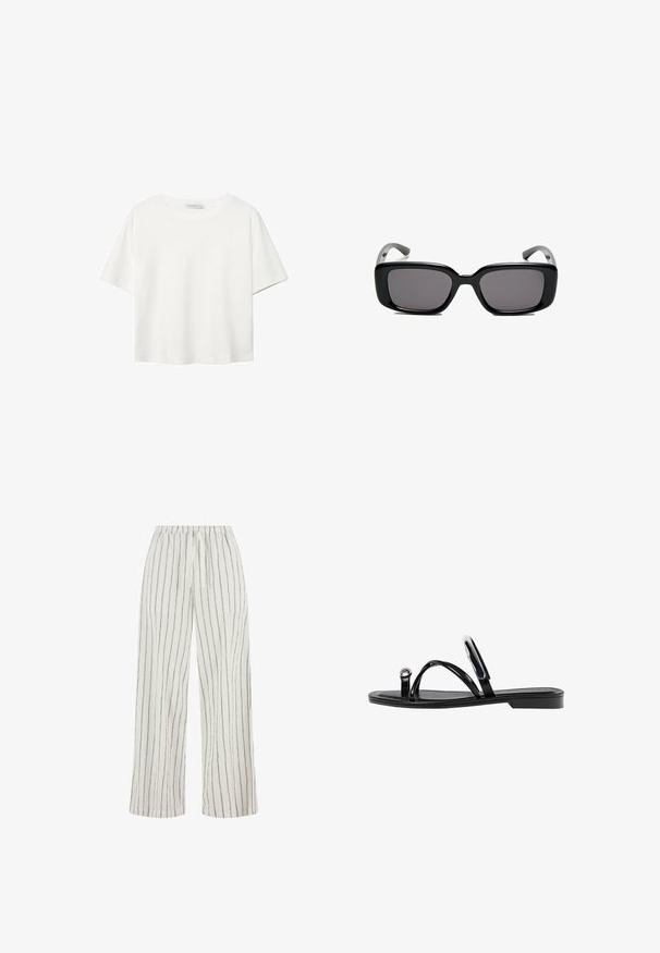 Hvid kortærmet t-shirt lavet af bomuld. Har en rund halsudskæring og en afslappet pasform. Glat tekstur uden synlige mønstre eller detaljer.; Hvide bukser med bred benprofil og lodrette sorte striber, elastisk talje og et tekstureret stof. Designet har en afslappet og løstsiddende pasform.; Sorte flade sandaler med en blank finish, tre tynde stropper og en cirkulær hardwaredetalje ved tæerne. Slankt design med en minimal hæl.; Sorte rektangulære solbriller med mørke linser, glat plastikramme og buede stænger. Designet er klodset med en minimalistisk æstetik.