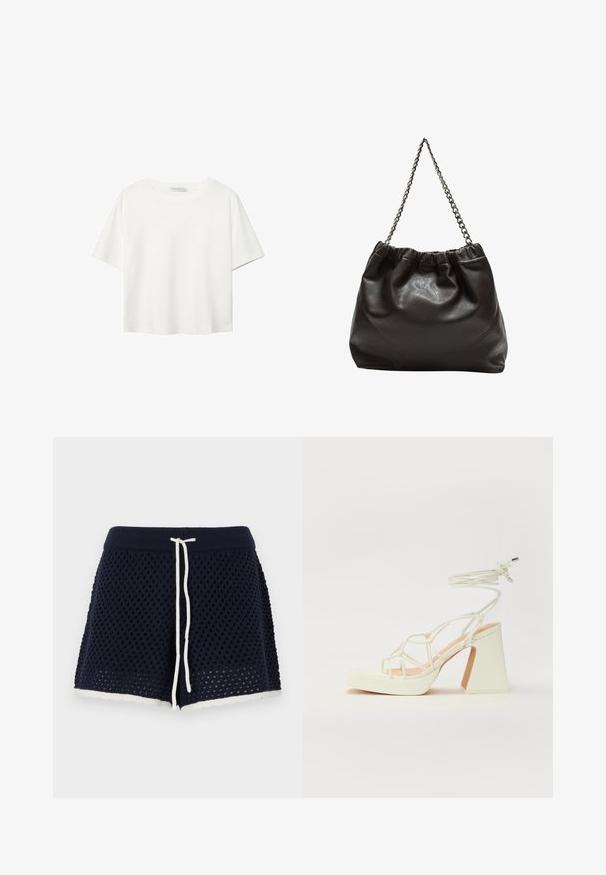 Weißes T-Shirt mit kurzen Ärmeln aus Baumwolle. Hat einen Rundhalsausschnitt und eine lockere Passform. Glatte Textur ohne sichtbare Muster oder Akzente.; Marineblaue gestrickte Shorts mit strukturiertem Muster, verstellbarem Kordelzug und gewelltem weißen Saum. Leichtes und atmungsaktives Material.; Weiße High-Heel-Sandale mit einem klobigen Absatz, die über ein Riemchendesign und ein Knöchelband verfügt. Glatte Textur mit einer Plattform vorne für zusätzliche Höhe.; Braune Lederhandtasche mit gerafftem Oberteil und Kettenriemen. Glatte Textur mit glänzendem Finish und subtilen Nahtdetails an den Seiten.