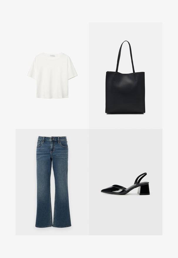 Valkoinen lyhythihainen T-paita, joka on tehty puuvillasta. Siinä on pyöreä kaula-aukko ja rento malli. Silkkinen pinta ilman näkyviä kuvioita tai koristeita.; Tummansininen farkkukangas, joka on leveälahkeinen ja korkea vyötärö. Farkuissa on viisi taskua ja eriväristä ommelta. Kankaan pinta on sileä ja hieman kulunut.; Mustat patentoitu nahkakengät, joissa on säären takaosa ja terävä kärki, sekä geometrinen palikkakorko. Sisältää tyylikkään, minimalistisen muotoilun ja sileän pinnan.; Mustapahkainen kangaskassi, jossa on sileä pinta, suorakaiteen muotoinen ja kaksi pitkää kahvaa. Ei näkyvää metalliosaa tai koristeita.