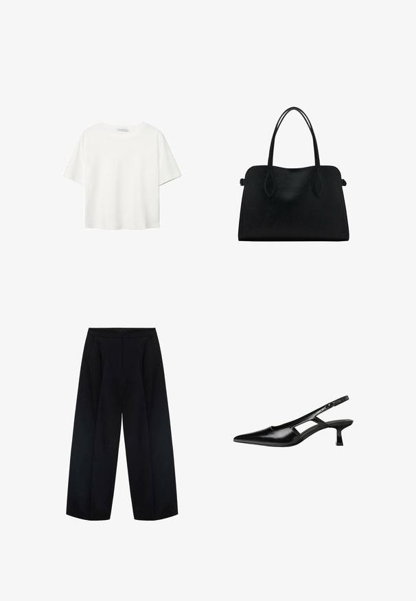 Valkoinen lyhythihainen T-paita, joka on tehty puuvillasta. Siinä on pyöreä kaula-aukko ja rento malli. Silkkinen pinta ilman näkyviä kuvioita tai koristeita.; Mustat leveät housut, jotka on valmistettu kudotusta kankaasta ja joissa on korkea vyötärö sekä kaksi etutaskua. Sujuva pinta, jossa on siistit linjat.; Mustat lakatut nahkakengät, joissa on viistopää, leikattu sivusuunnassa ja pieni neliökoroke. Sujuva pinta, jossa on minimaalinen koristelu.; Mustavihreä nahkalaukku, jossa on kaksinkertaiset olkahihnat, suorakaiteen muotoinen ja minimalistinen muotoilu valkoisella taustalla.