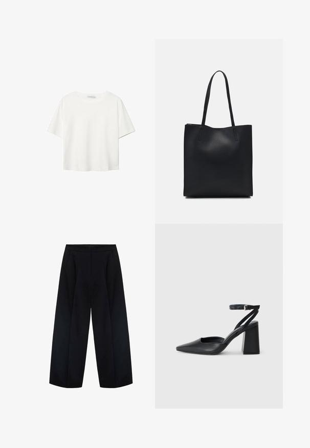 Bijela majica kratkih rukava od pamuka. Ima okrugli izrez i opušteni kroj. Glatka tekstura bez vidljivih uzoraka ili naglasaka.; Crne široke hlače od tkanine, s visokim strukom i dvije prednje džepove. Glatka tekstura s čistim linijama.; Crne kožne cipele s špicastim vrhom, remenom oko gležnja i debelim potplatom. Ravna tekstura, elegantan dizajn i minimalistička estetika.; Crna kožna torba za nošenje s glatkom teksturom, pravokutnim oblikom i dvije duge ručke. Nema vidljivih metalnih dijelova ili ukrasa.