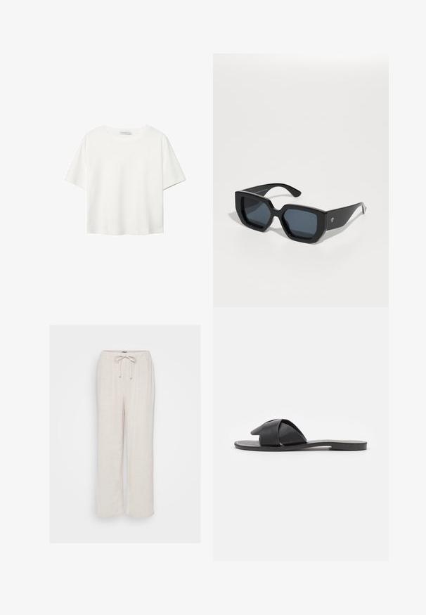 Weißes T-Shirt mit kurzen Ärmeln aus Baumwolle. Hat einen Rundhalsausschnitt und eine lockere Passform. Glatte Textur ohne sichtbare Muster oder Akzente.; Helle beige Leinenhosen mit entspannter Passform, elastischem Bund und verstellbarem Kordelzug. Sie verfügen über eine subtile Textur und weite Beine.; Schwarze Slip-On-Sandale mit gekreuzten Riemen. Aus glattem Leder mit flacher Sohle und minimaler Nahtverarbeitung. Einfaches, offenes Design.; Schwarze, übergroße Sonnenbrillen mit geometrischem Design, rechteckigen Gläsern und glänzender Oberfläche. Keine sichtbaren Markenkennzeichnungen auf der Vorderseite.; Gelbe gewebte Clutch-Geldbörse mit Klappen-Design, abnehmbarem Handgelenkriemen und goldener Kettenakzent. Glatte Textur und rechteckige Form.; Goldene Creolen mit einem glatten, abgerundeten Design. Sie verfügen über einen kleinen Scharnierverschluss, sehen leicht aus und haben ein poliertes Finish.