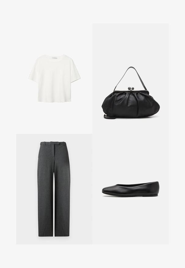 Bílý krátký rukáv tričko vyrobené z bavlny. Má kulatý výstřih a volný střih. Hladký materiál bez viditelných vzorů nebo akcentů.; Šedé široké kalhoty s texturou a přizpůsobeným střihem, s páskem na opasky a bočními kapsami, vyrobené z lesklé tkaniny.; Paul Smith TOPANGA - Klasické baleríny - black; Černá kožená kabelka s zaobleným, skládáním designem. Obsahuje kovový zavírač se dvěma dekorativními koulemi a tenkým, odnímatelným popruhem.