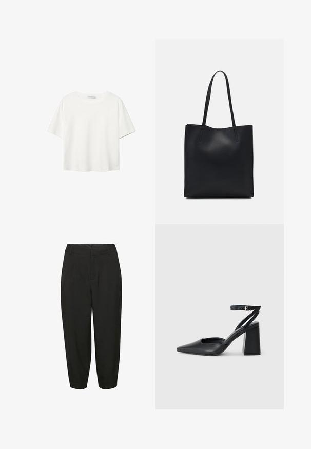 Witte korte mouwen t-shirt van katoen. Heeft een ronde halslijn en een ontspannen pasvorm. Glad textuur zonder zichtbare patronen of accenten.; Zwarte op maat gemaakte broeken met een hoge taille, plooidetails en taps toelopende pijpen, gemaakt van een gladde, lichtgewicht stof.; Zwarte leren puntige pump met een enkelbandje en een chunky hak. Vlakke textuur, strakke vormgeving en minimalistische esthetiek.; Zwarte leren handtas met een gladde textuur, rechthoekige vorm en twee lange handvaten. Geen zichtbare hardware of versieringen.
