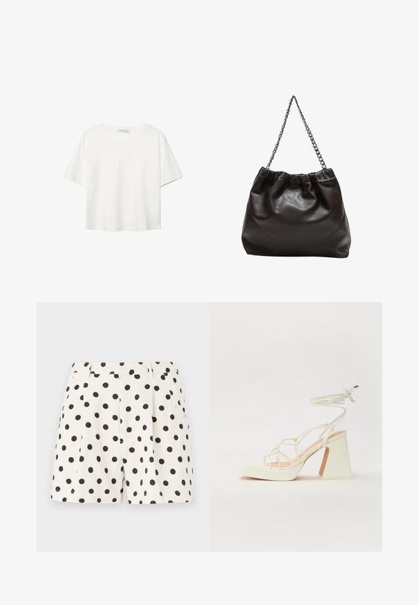 Bijela majica kratkih rukava od pamuka. Ima okrugli izrez i opušteni kroj. Glatka tekstura bez vidljivih uzoraka ili naglasaka.; Bijele kratke hlače od platna s uzorkom crnih točkica. Imaju nabore i bočne džepove. Uski pojas s čistim završetkom.; Bijela sandala na visokoj potpetici s debelim petom, s remenom i vezanjem oko gležnja. Glatka tekstura s platformom sprijeda za dodatnu visinu.; Smeđa kožna torba s naboranim vrhom i lančićem za nošenje. Glatka tekstura s sjajnim završetkom i suptilnim šavnim detaljima sa strane.