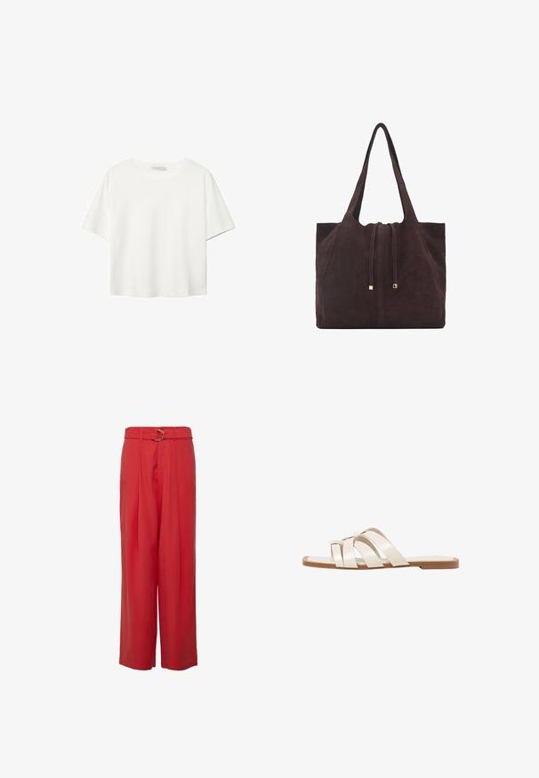 Witte korte mouwen t-shirt van katoen. Heeft een ronde halslijn en een ontspannen pasvorm. Glad textuur zonder zichtbare patronen of accenten.; Rode wijde broekspijpen van lichtgewicht stof, met een hoge taille voorzien van een riem en zilveren accenten, en details van voorplooien.; Vlakke sandalen met een tan rubberen zool, ontworpen met drie overlappende witte leren banden en een kleine strikdetail in het midden.; Mango Shopper - dark brown