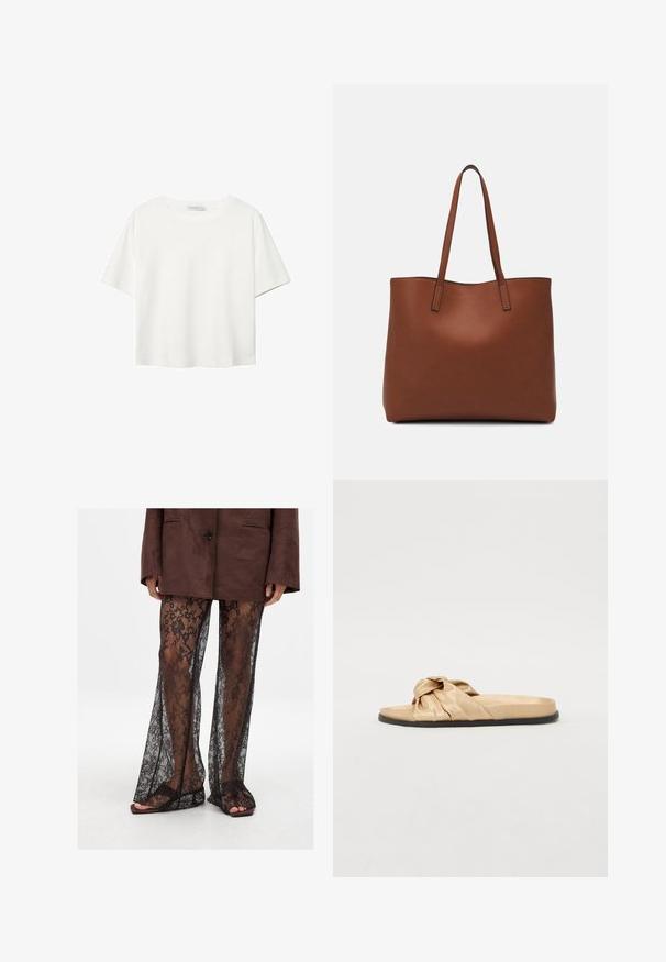 T-shirt bianco a maniche corte realizzato in cotone. Presenta un collo tondo e una vestibilità rilassata. Texture liscia senza motivi o dettagli visibili.; Pantaloni a zampa d'elefante in pizzo nero con motivo floreale, tessuto trasparente e aperture delle gambe ampie, abbinati a sandali scivolati marroni.; Sandalo scivolato in morbido raso dorato con dettaglio annodato sul cinturino, suola piatta e texture liscia, con una suola scura a contrasto.; Borsa tote in pelle marrone con texture liscia, design con apertura superiore e due spallacci. Presenta cuciture minime e nessun hardware visibile.