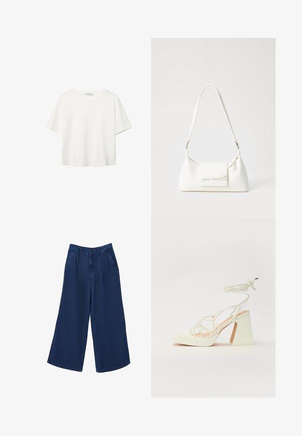 Bílý krátký rukáv tričko vyrobené z bavlny. Má kulatý výstřih a volný střih. Hladký materiál bez viditelných vzorů nebo akcentů.; Džíny širokého střihu v tmavě modré barvě. Obsahují dvě přední kapsy, zapínání na knoflík a hladký povrch s lehkým materiálem.; Bílé sandály na vysokém podpatku s robustním podpatkem, s designem s pásky a zavazováním kolem kotníku. Hladký povrch s platformou vpředu pro zvýšení výšky.; Bílá syntetická kabelka v trojúhelníkovém tvaru, s plochým předním klopným víkem a detailem mašle, nastavitelným popruhem, hladkým povrchem a minimalistickým designem.
