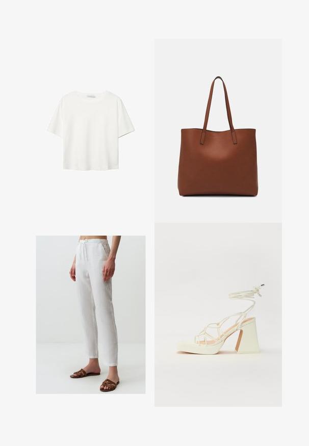 Biała koszulka z krótkim rękawem, wykonana z bawełny. Posiada okrągły dekolt i luźny krój. Gładka faktura bez widocznych wzorów czy akcentów.; Białe lniane spodnie z elastycznym pasem, z kieszeniami i luźnym krojem. Połączone z brązowymi sandałami na rzemykach. Gładka faktura.; Biała sandał na wysokim obcasie z masywnym słupkiem, z paskowym wzorem i wiązaniem przy kostce. Gładka faktura z platformą z przodu dla dodatkowej wysokości.; Brązowa skórzana torba tote o gładkiej fakturze, z otwartym wierzchem i dwoma ramiączkami. Charakteryzuje się minimalnym przeszyciem i brakiem widocznych elementów metalowych.