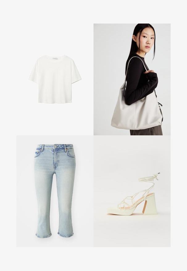 Bela kratka majica s kratkimi rokavi iz bombaža. Ima okroglo izrezovanje in sproščen kroj. Gladka tekstura brez vidnih vzorcev ali poudarkov.; Svijetloplave traperice s uskim krojem, širokim rubom i srednjim strukom. Suptilno izbljeđivanje i klasičan dizajn s pet džepova.; Bela sandala na visokih petah s debelim petam, ki ima obliko trakcev in vezanje okoli gležnja. Gladka tekstura z platformo spredaj za dodatno višino.; Bežna torbica iz mehkega materiala, z ohlapno zasnovo, šivi in dvema naramnicama. Primerna za vsakodnevno uporabo.