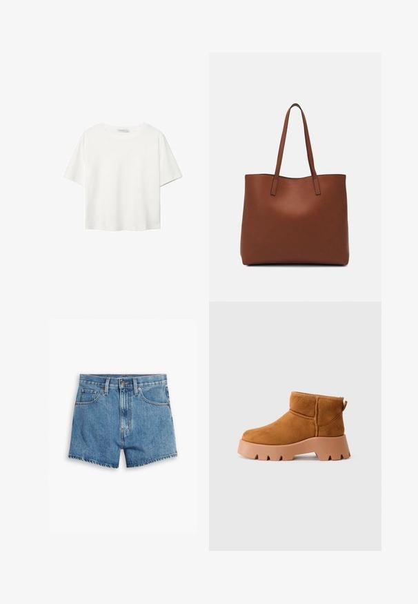 Bela kratka majica s kratkimi rokavi iz bombaža. Ima okroglo izrezovanje in sproščen kroj. Gladka tekstura brez vidnih vzorcev ali poudarkov.; Jeans kratke hlače v svetlo modri barvi, z povezavami za pet žepov, zadrgo in gumbom. Rob je razfrcan, oblikovane so v sproščenem kroju.; Bež nubuk gležnjarji z zaobljenim prstom, teksturirano rjavo podplato in zanko za zatezanje. Imajo šivano šiv in močno platformo.; Rjava usnjena torba z gladko teksturo, odprto zasnovo zgoraj in dvema naramnima trakovoma. Opremljena je z minimalnim šivanjem in brez vidnih kovinskih delov.