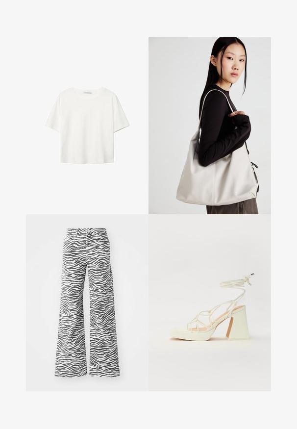 Bela kratka majica s kratkimi rokavi iz bombaža. Ima okroglo izrezovanje in sproščen kroj. Gladka tekstura brez vidnih vzorcev ali poudarkov.; Hlače širokih nogavic iz mešanice bombaža, s črno-belega zebričnega vzorca, sprednjimi žepi in klasičnim gumbom za zapiranje.; Bela sandala na visokih petah s debelim petam, ki ima obliko trakcev in vezanje okoli gležnja. Gladka tekstura z platformo spredaj za dodatno višino.; Bežna torbica iz mehkega materiala, z ohlapno zasnovo, šivi in dvema naramnicama. Primerna za vsakodnevno uporabo.
