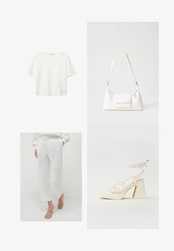 T-shirt bianco a maniche corte realizzato in cotone. Presenta un collo tondo e una vestibilità rilassata. Texture liscia senza motivi o dettagli visibili.; Pantaloni bianchi a gamba larga, su misura, con una texture liscia, dotati di pieghe frontali, tasche laterali e orli arrotolati, abbinati a sandali metallici con punta aperta.; Sandalo bianco con tacco alto, caratterizzato da un design a cinturini e un legaccio alla caviglia. Texture liscia con una piattaforma frontale per un'altezza aggiuntiva.; Borsa sintetica bianca a forma triangolare, con patta anteriore piatta e dettaglio a fiocco, tracolla regolabile, texture liscia e design minimalista.